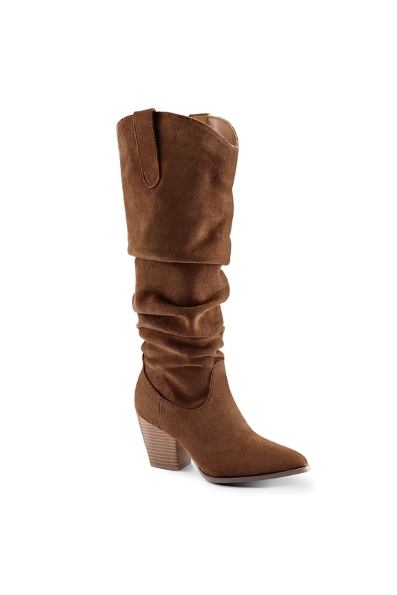 Pennysue Women's Knee-High Booties Brown Mid Chunky Heel Slouchy Boots With Side Zippers Boots 6.5M