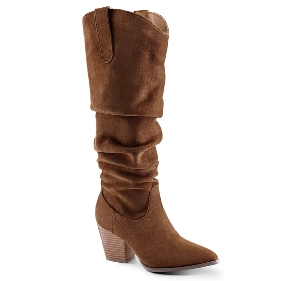 Pennysue Women's Knee-High Booties Brown Mid Chunky Heel Slouchy Boots With Side Zippers Boots 7.5M