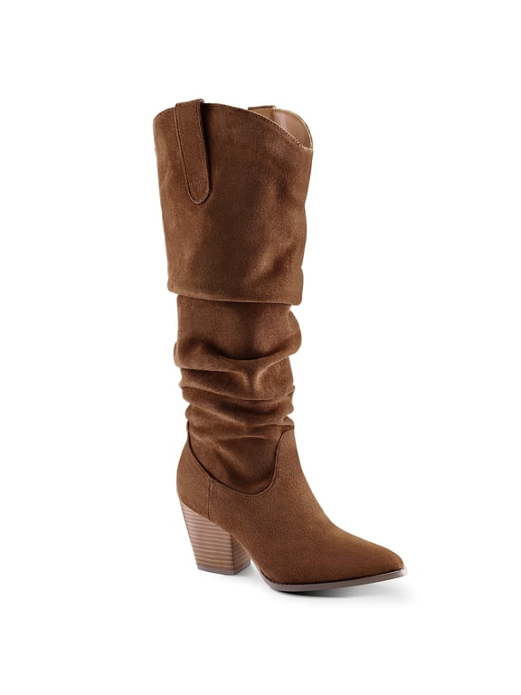 Pennysue Women's Knee-High Booties Brown Mid Chunky Heel Slouchy Boots With Side Zippers Boots 9.5M