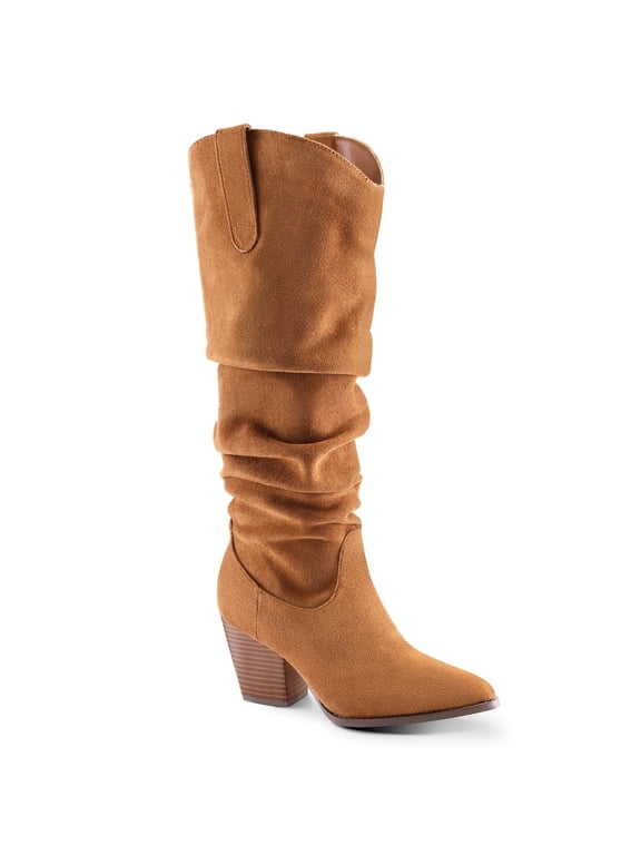 Pennysue Women's Knee-High Booties Camel Mid Chunky Heel Slouchy Boots With Side Zippers Boots 6.5M