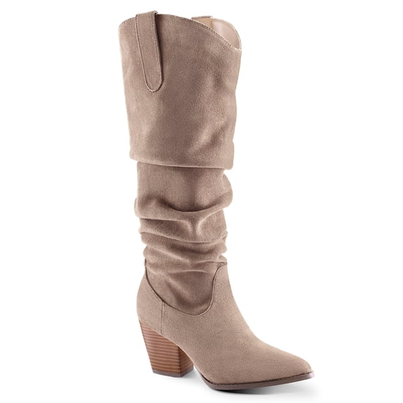 Pennysue Women's Knee-High Booties Taupe Mid Chunky Heel Slouchy Boots With Side Zippers Boots 10M
