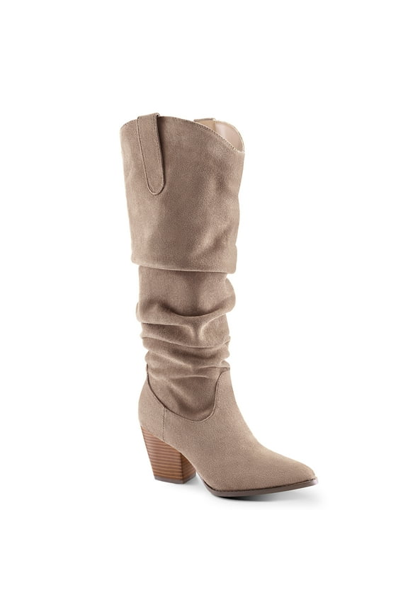 Pennysue Women's Knee-High Booties Taupe Mid Chunky Heel Slouchy Boots With Side Zippers Boots 6.5M
