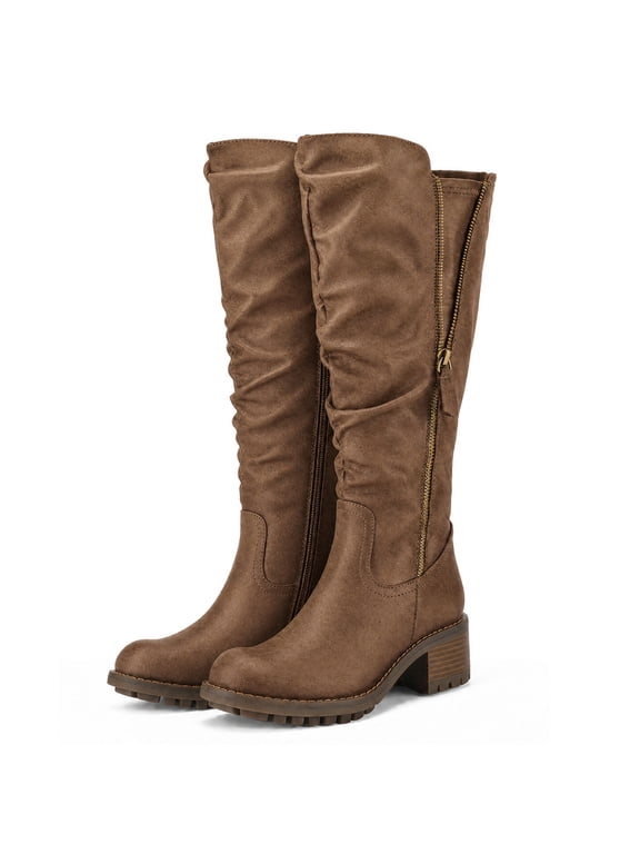 Pennysue Women's Knee High Boots Brown 2 Inch Side Zipper Boots 7.5M