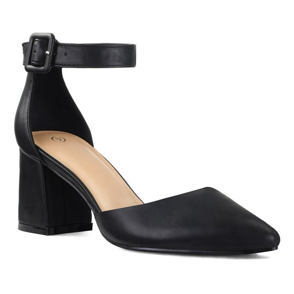 Pennysue Women's Closed Pointed Toe Low Chunky Heels Pumps Black PU Ankle Strap Wedding Business Dressy Shoes Size 9.5