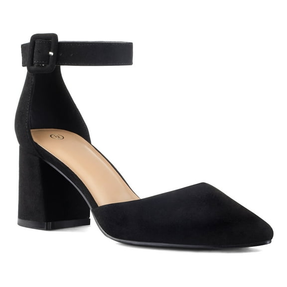 Pennysue Women's Closed Pointed Toe Low Chunky Heels Pumps Black Suede Ankle Strap Wedding Business Dressy Shoes Size 10