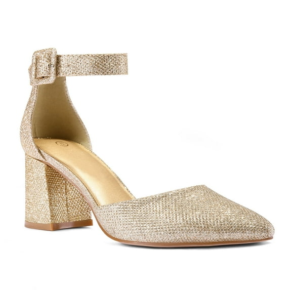 Pennysue Women's Closed Pointed Toe Low Chunky Heels Pumps Gold Ankle Strap Wedding Business Dressy Shoes Size 8