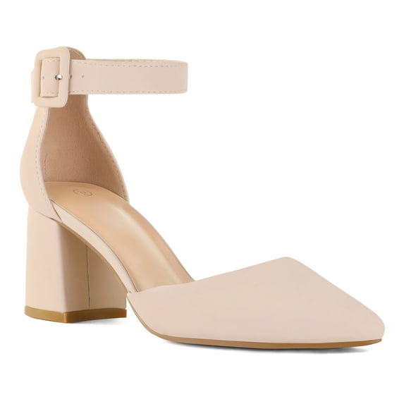 Pennysue Women's Closed Pointed Toe Low Chunky Heels Pumps Nude Ankle Strap Wedding Business Dressy Shoes Size 7.5