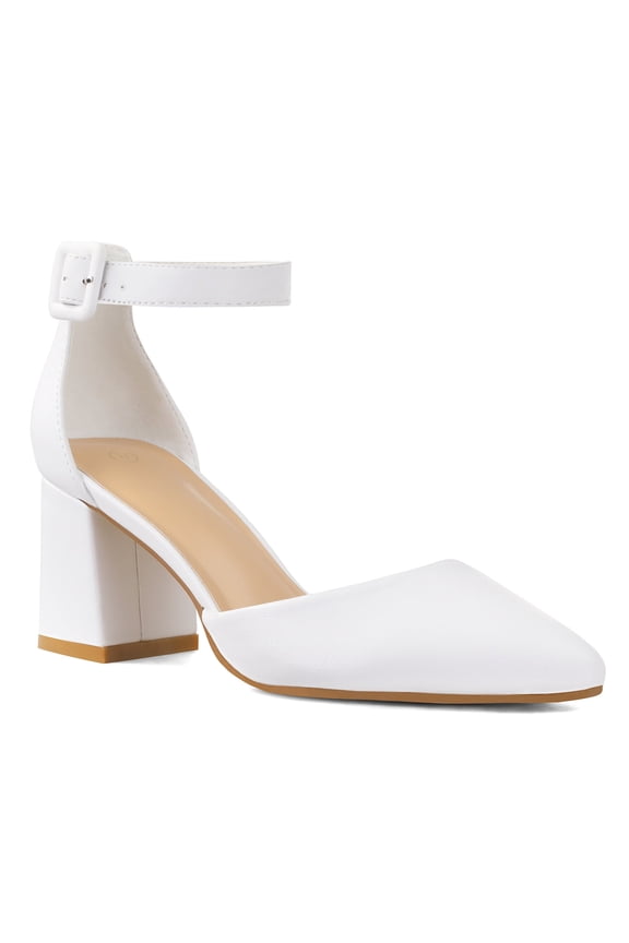 Pennysue Women's Closed Pointed Toe Low Chunky Heels Pumps White Ankle Strap Wedding Business Dressy Shoes Size 10