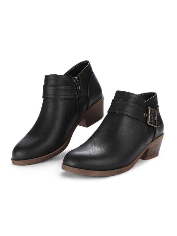 Pennysue Women Low Chunky Stacked Heel Boots Black Pu Side Zipper Ankle Booties 10M