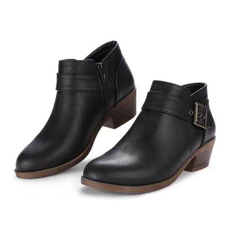 Pennysue Women Low Chunky Stacked Heel Boots Black Pu Side Zipper Ankle Booties 8M