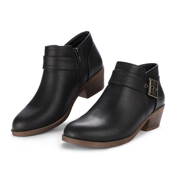 Pennysue Women Low Chunky Stacked Heel Boots Black Pu Side Zipper Ankle Booties 8M