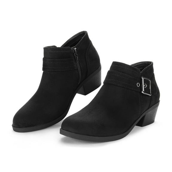 Pennysue Women Low Chunky Stacked Heel Boots Black Suede Side Zipper Ankle Booties 9M