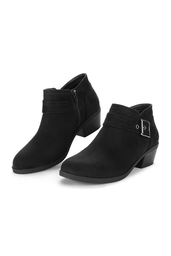 Pennysue Women Low Chunky Stacked Heel Boots Black Suede Side Zipper Ankle Booties 9M