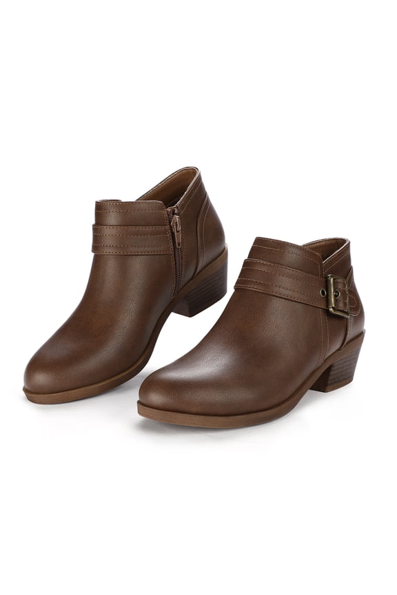 Pennysue Women Low Chunky Stacked Heel Boots Dark Brown Pu Side Zipper Ankle Booties 9M