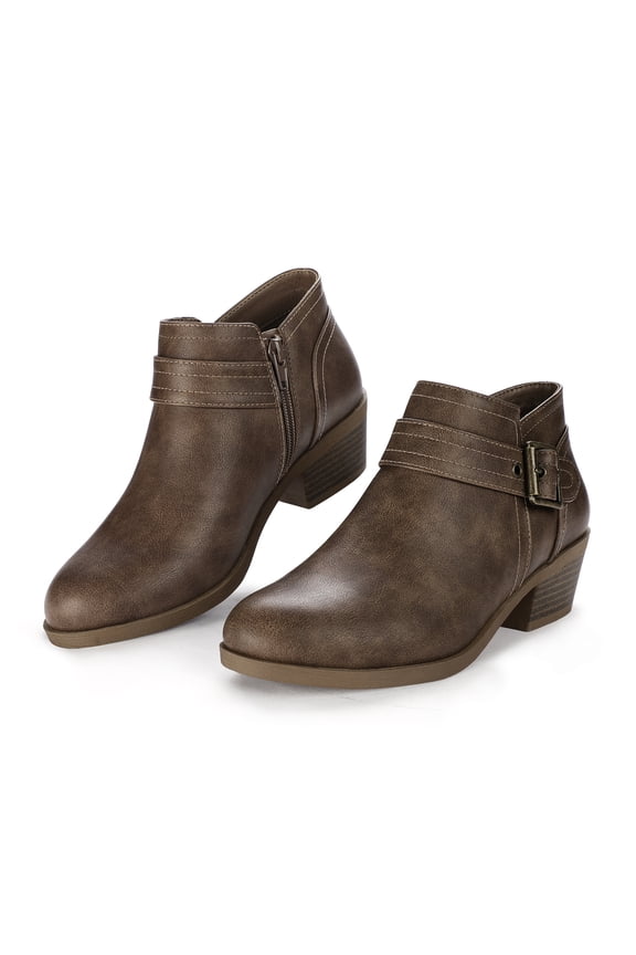 Pennysue Women Low Chunky Stacked Heel Boots Taupe Pu Side Zipper Ankle Booties 9M