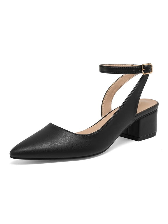 Pennysue Women's Low Heel Sandals Pointed Toe Ankle Strap PU Leather Dress Shoes Block Heel Summer Casual sandals