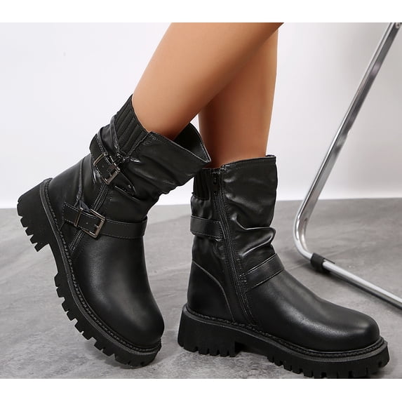 Pennysue Women's Mid-Calf Boots Motorcycle Biker Riding Boots with Buckles Round Toe Platform Dress Boot