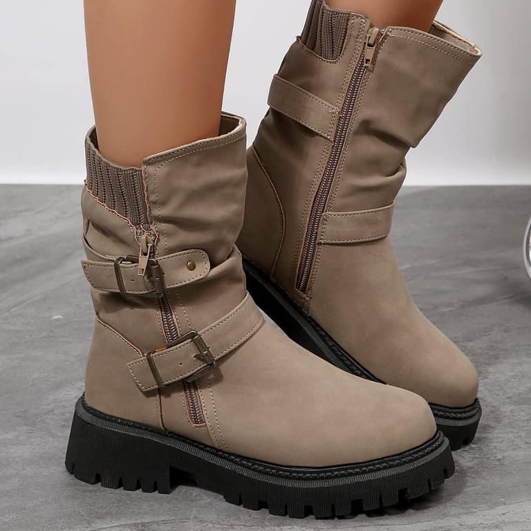 Pennysue Women's Mid-Calf Boots Motorcycle Biker Riding Boots with Buckles  Round Toe Platform Dress Boot - Walmart.com