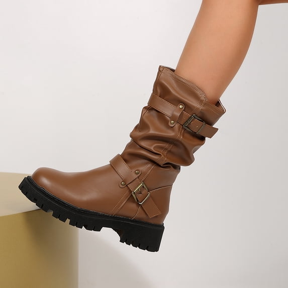 Pennysue Women's Mid-Calf Motorcycle Biker Boots Round Toe Faux Leather Double Buckle Platform Casual Boots Fashion Festival Boots