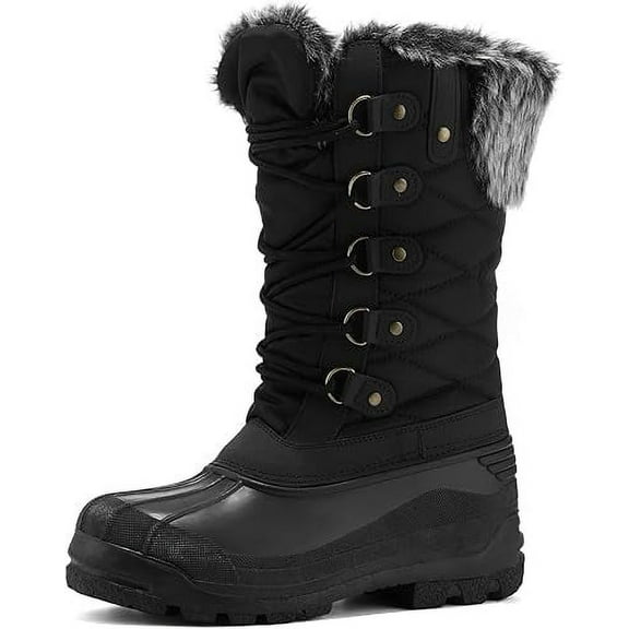 Pennysue Women's Mid-Calf Snow Boots Black Grid Warm Faux Fur Lined Winter Boots Insulated 6M