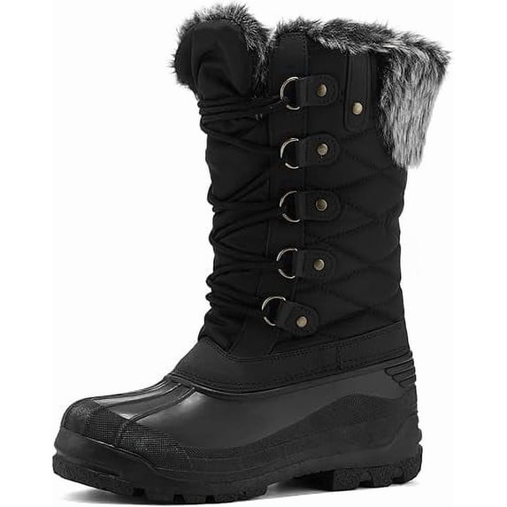 Pennysue Women's Mid-Calf Snow Boots Black Grid Warm Faux Fur Lined Winter Boots Insulated 7M