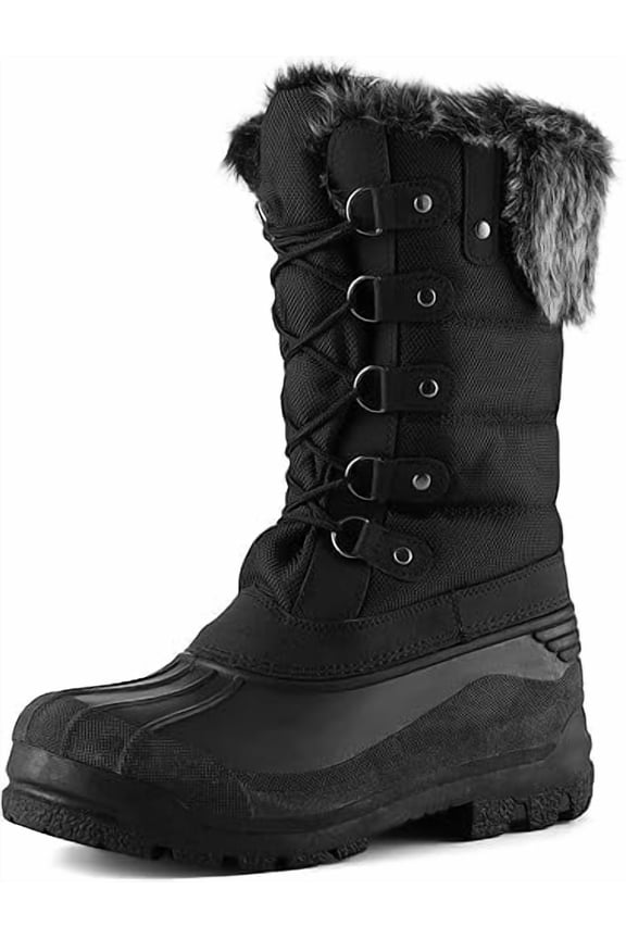 Pennysue Women's Mid-Calf Snow Boots Black Warm Faux Fur Lined Winter Boots Insulated 6M
