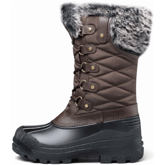 Pennysue Women's Mid-Calf Snow Boots Brown Grid Warm Faux Fur Lined Winter Boots Insulated 8M