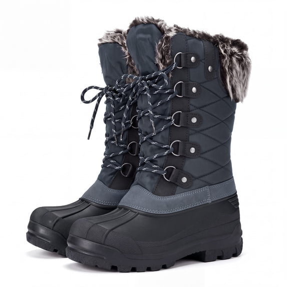 Pennysue Women's Mid-Calf Snow Boots Grey Grid Warm Faux Fur Lined Winter Boots Insulated 9M