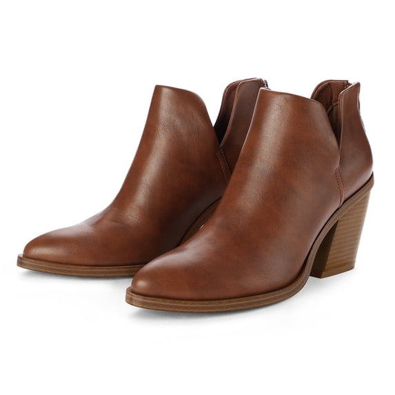 Pennysue Women's Middle Heel Ankle Booties Brown Thick Heeled Stacked Short Boots Size 6M