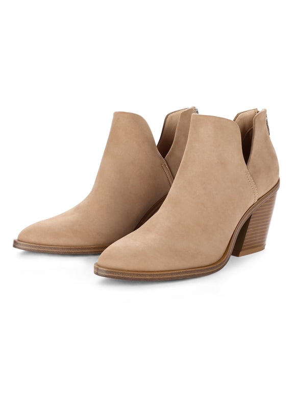 Pennysue Women's Middle Heel Ankle Booties Light Brown Thick Heeled Stacked Short Boots Size 8M