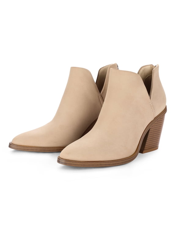 Pennysue Women's Beige Ankle Boots With Side Slit Pointed Thick Heeled Stacked Middle Heel Boots Size 10M