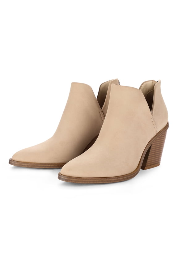 Pennysue Women's Beige Ankle Boots With Side Slit Pointed Thick Heeled Stacked Middle Heel Boots Size 8M