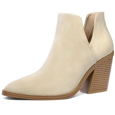 Pennysue Women's Middle Heel Ankle Booties Off-white Thick Heeled Stacked Short Boots Size 7M