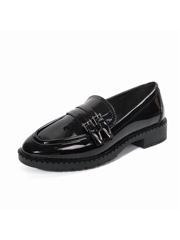 Pennysue Women's Patent Leather Loafers with Decorative Buckle Round Toe Chunky Heel Slip On Casual Dress Shoes for School Work Daily Wear