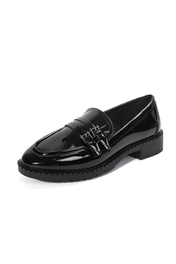 Pennysue Women's Patent Leather Loafers with Decorative Buckle Round Toe Chunky Heel Slip On Casual Dress Shoes for School Work Daily Wear