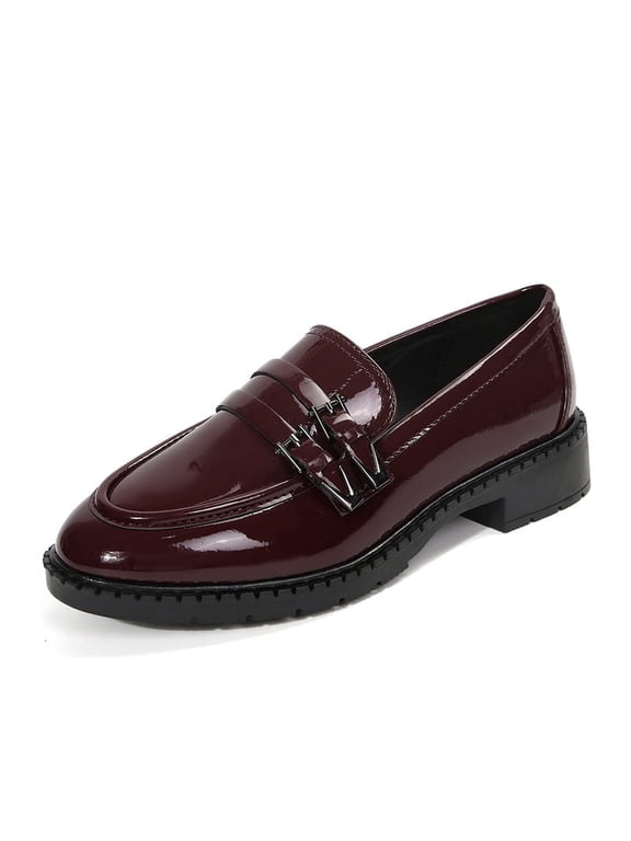 Pennysue Women's Patent Leather Loafers with Decorative Buckle Round Toe Chunky Heel Slip On Casual Dress Shoes for School Work Daily Wear