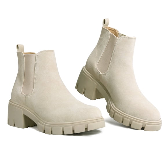 Pennysue Women's Platform Chelsea Booties Beige Round Toe Ankle Boots Size 6