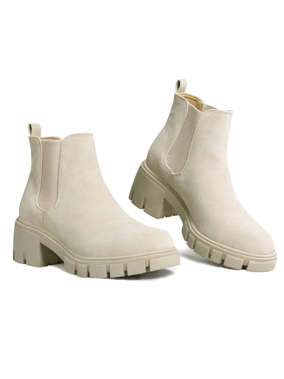 Pennysue Women's Platform Chelsea Booties Beige Round Toe Ankle Boots Size 9