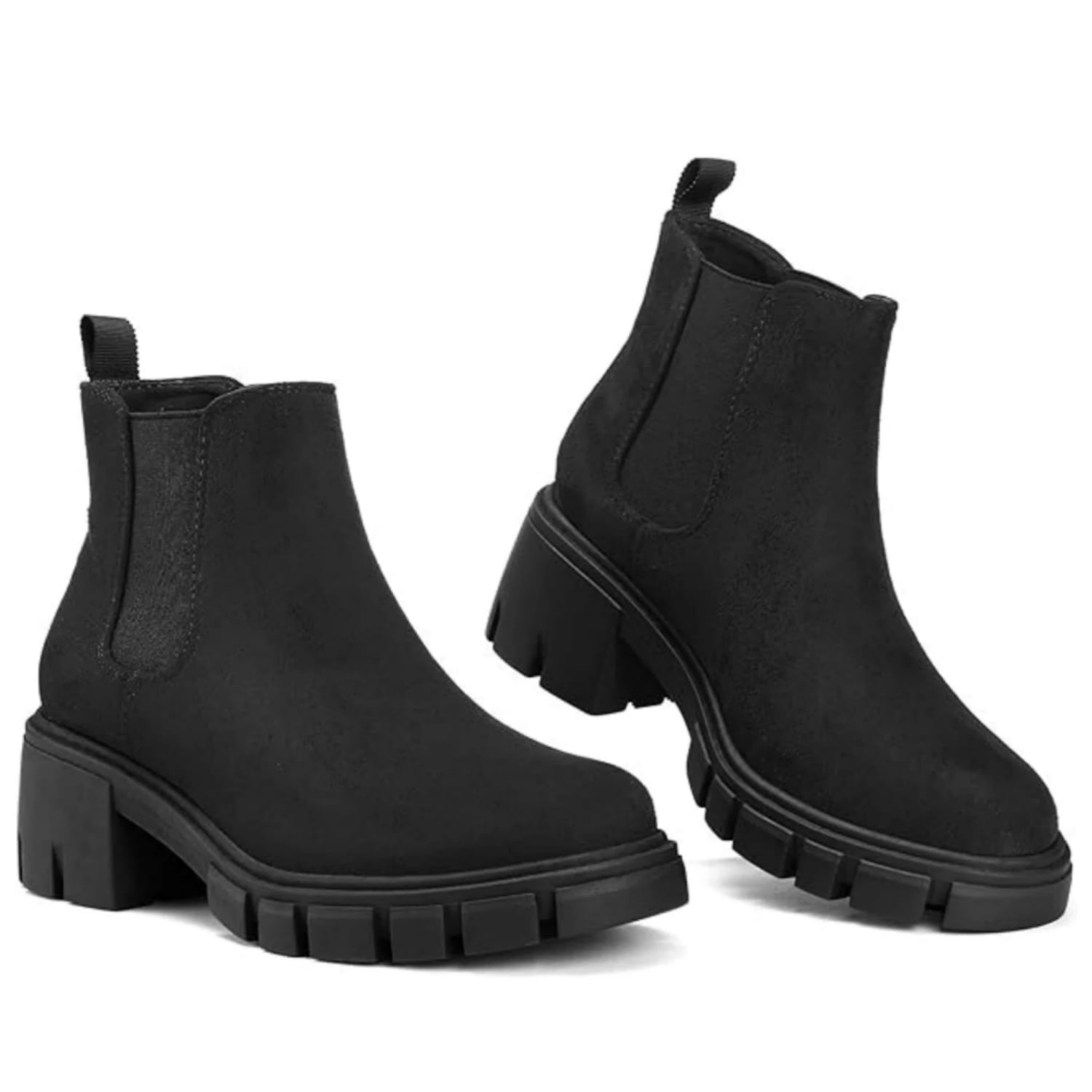 Pennysue Women's Platform Chelsea Booties Black suede Round Toe