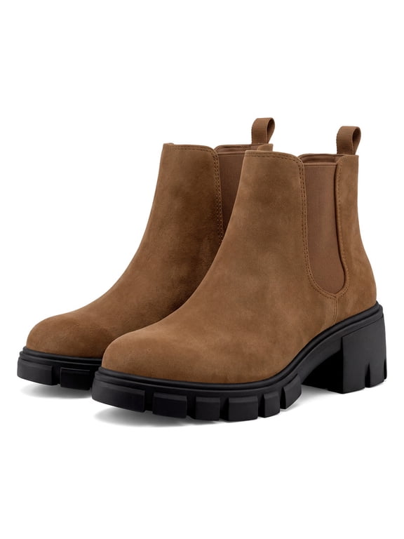 Pennysue Women's Platform Chelsea Booties Brown Round Toe Ankle Boots Size 8.5