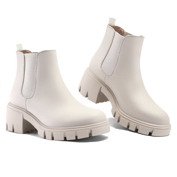 Pennysue Women's Platform Chelsea Booties Off-white Round Toe Ankle Boots Size 9.5