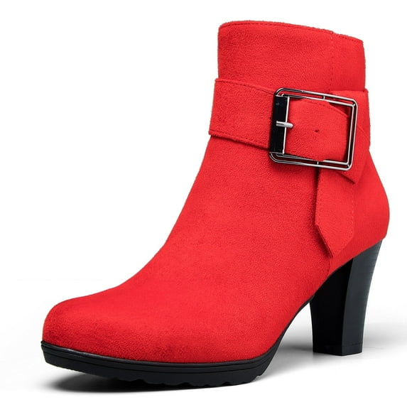 Pennysue Women's Red Wide Width Ankle Boots With Buckle And Zipper Chunky Heel Ankle Strap Zip Boots For Ladies Size 7.5