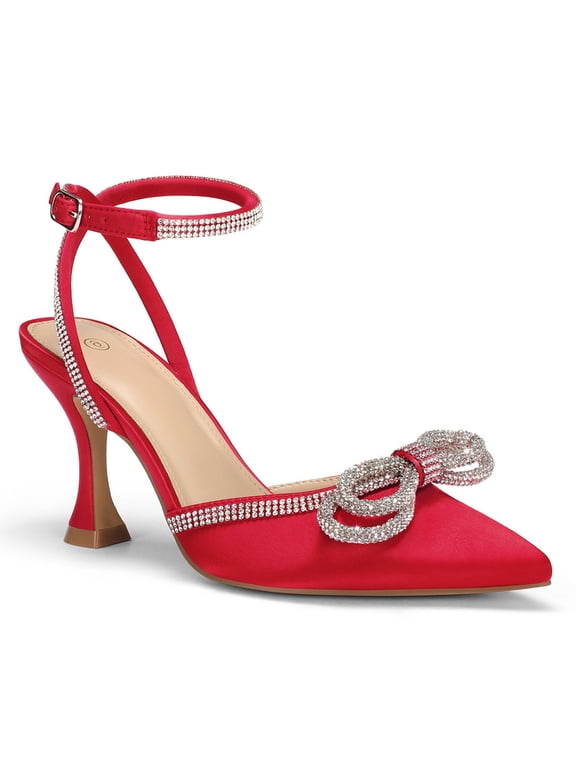 Pennysue Women's Heels Rhinestone Bow Red Pumps Ankle Strap Pointed Toe Wedding Party Shoes Size 6.5