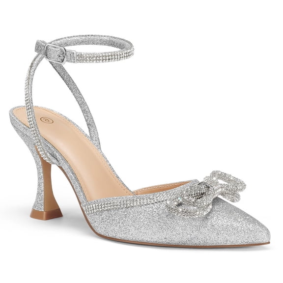 Pennysue Women's Heels Rhinestone Bow Silver Pumps Ankle Strap Pointed Toe Wedding Party Shoes Size 8