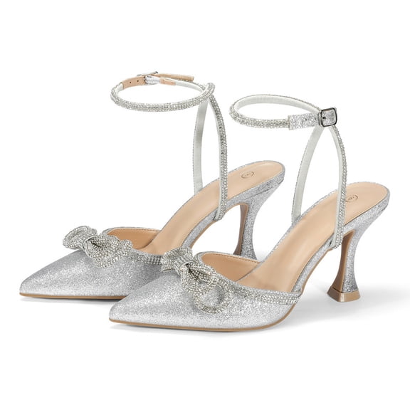 Pennysue Women's Heels Rhinestone Bow Silver Pumps Ankle Strap Pointed Toe Wedding Party Shoes Size 8