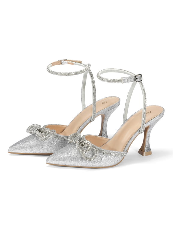 Pennysue Women's Heels Rhinestone Bow Silver Pumps Ankle Strap Pointed Toe Wedding Party Shoes Size 8