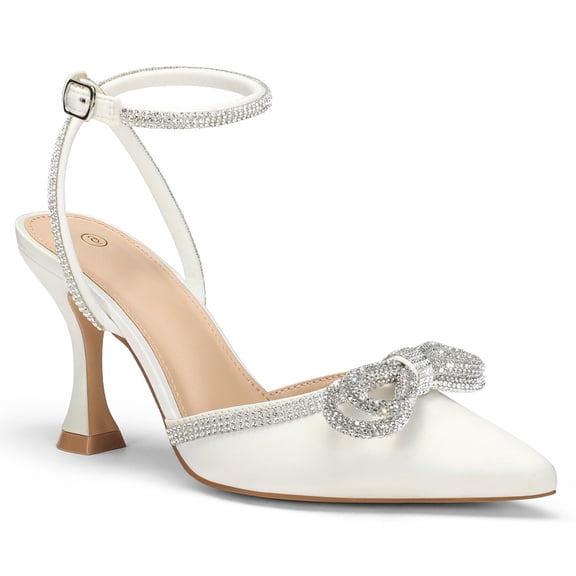 Pennysue Women's Heels Rhinestone Bow White Pumps Ankle Strap Pointed Toe Wedding Party Shoes Size 8