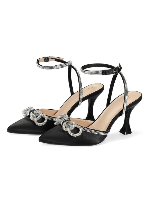 Pennysue Women's Heels Rhinestone Bow Black Pumps Ankle Strap Pointed Toe Wedding Party Shoes Size 10