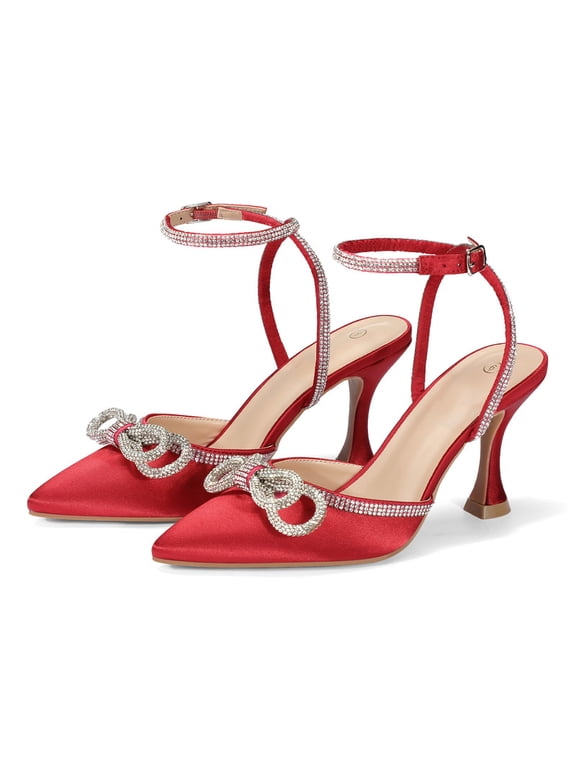 Pennysue Women's Heels Rhinestone Bow Red Pumps Ankle Strap Pointed Toe Wedding Party Shoes Size 11