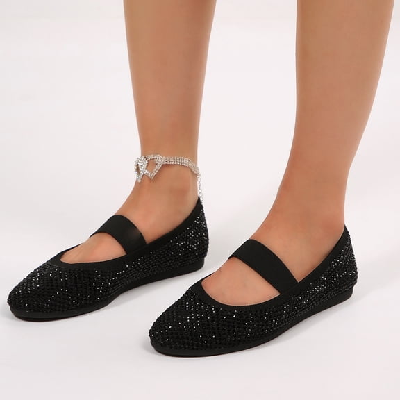 Pennysue Women's Rhinestone Flats Breathable Knit Sparkly Embellished Elastic Strap Comfortable Flat Shoes